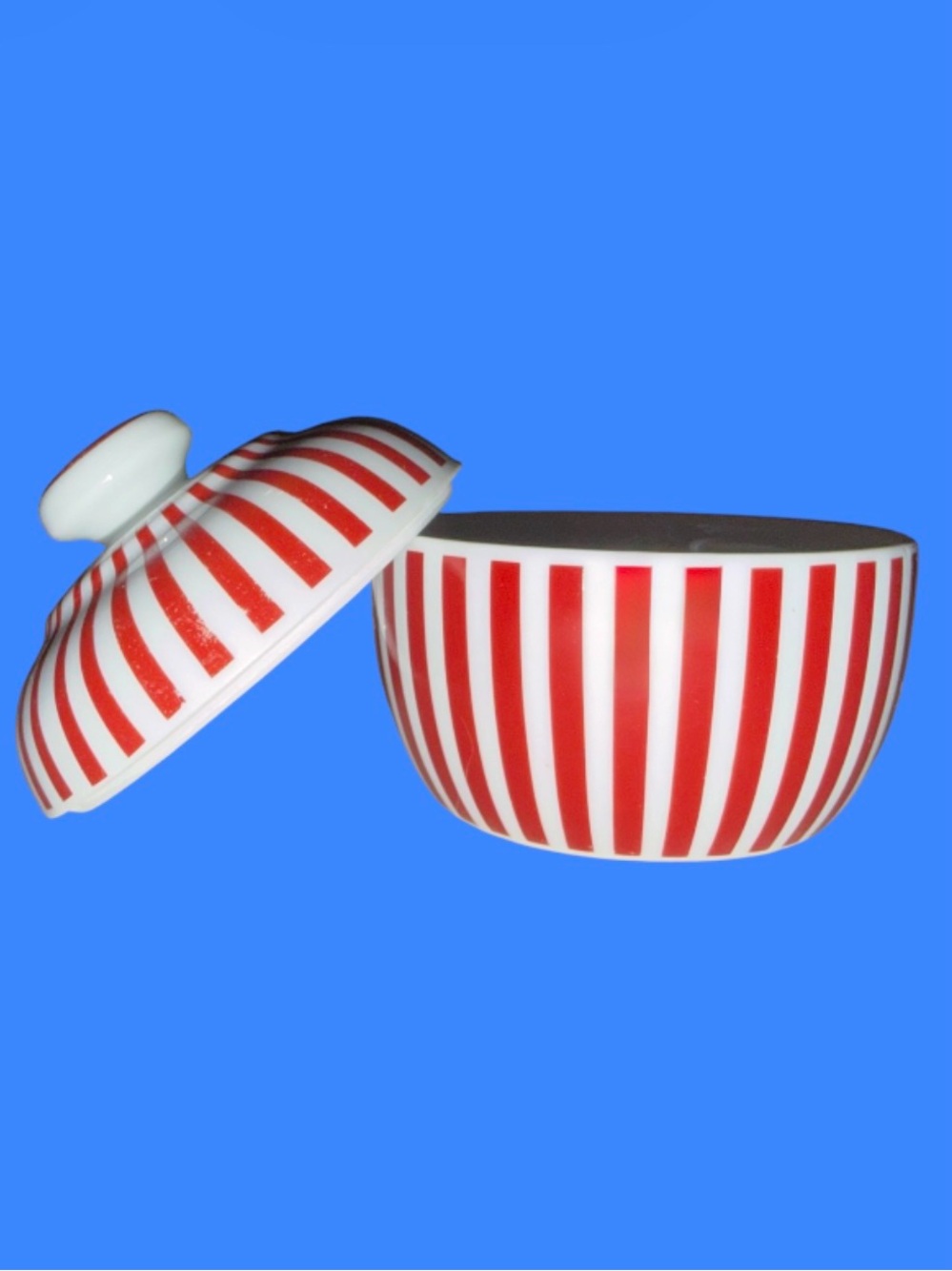 Vintage Red and White Striped Ceramic Sugar Bowl with Lid